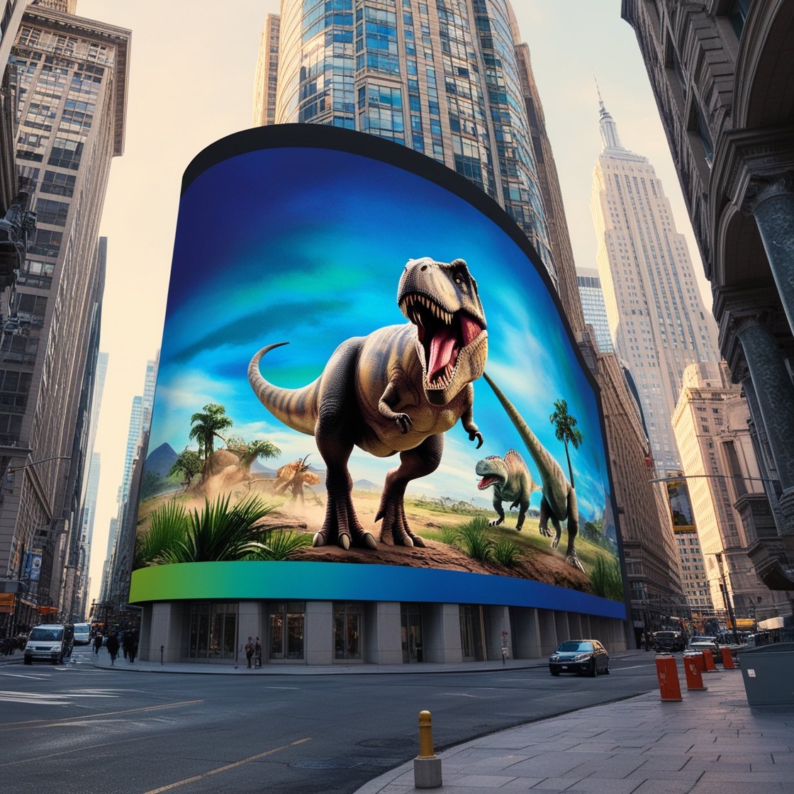 3D LED Screen is displaying a Scenery of a dinosaur standing in jungle.