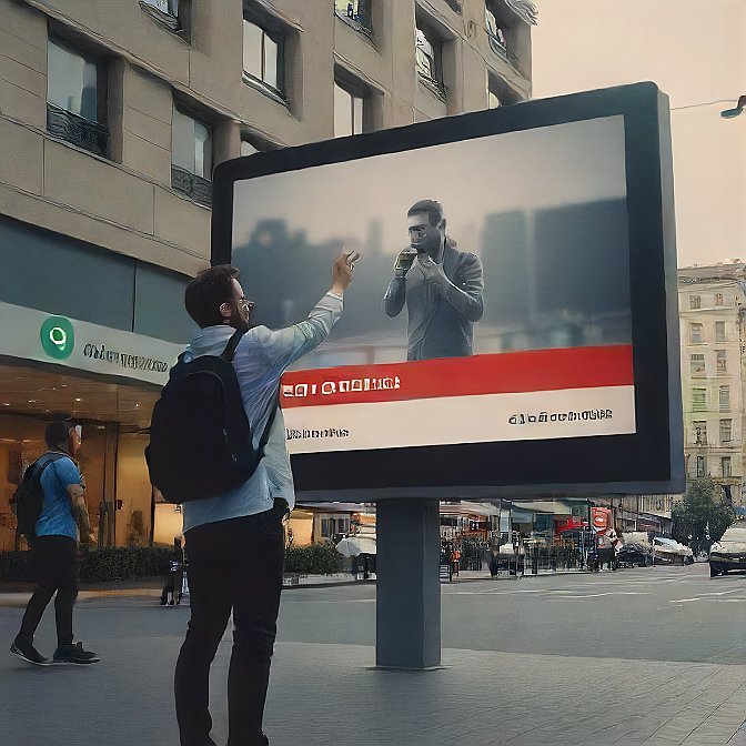 A man is pointing towards a Full-Color LED Display in a busy road.